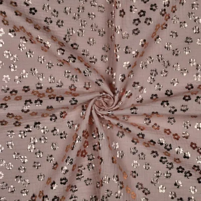 Tissu Double gaze de Coton Poppy Fleur foil sur fond Vieux rose - Par 10 cm