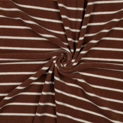 Tissu Jersey Velours Eponge fil teint rayé Blanc sur fond Terracotta - Par 10 cm