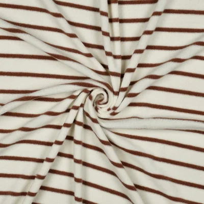 Tissu Jersey Velours Eponge fil teint rayé Terracotta sur fond Ecru - Par 10 cm