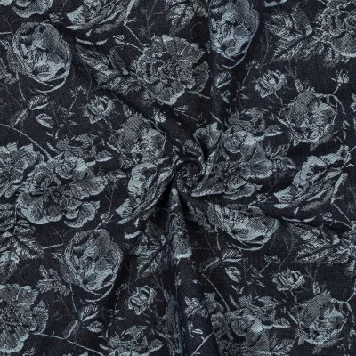 Tissu Jacquard Jean Denim Fleuris Rosyelle sur fond Bleu nuit - Par 10 cm