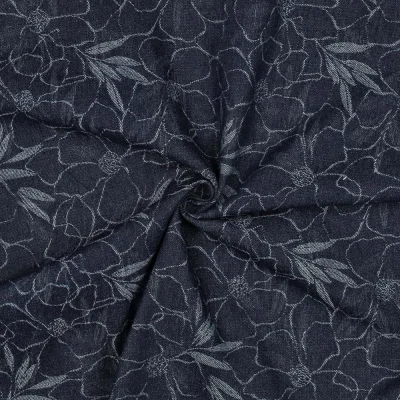 Tissu Jacquard Jeans motifs floraux stylisés sur fond Bleu denim - Par 10 cm