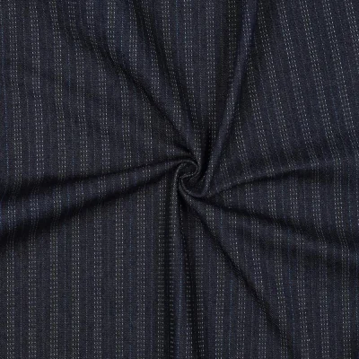 Tissu Jacquard Jeans fines rayures en pointillés Blanc sur fond Bleu indigo - Par 10 cm