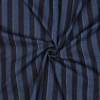 Tissu Jacquard Jeans rayures Noir sur fond Bleu indigo - Par 10 cm
