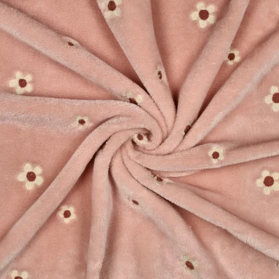 Tissu Doudou Petites fleurs brodées sur fond Rose poudré - Par 10 cm