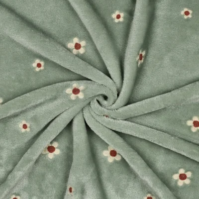Tissu Doudou Petites fleurs brodées sur fond Vert amande - Par 10 cm