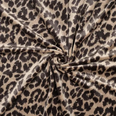 Tissu Jersey Velours tout doux motifs Léopard Noir sur fond Beige - Par 10 cm