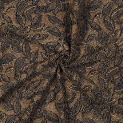 Tissu Jacquard Jeans Velours feuillage Noir anthracite sur fond Brun - Par 10 cm