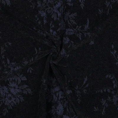 Tissu Jacquard Jeans Velours feuillage Bleu Nuit sur fond Noir - Par 10 cm