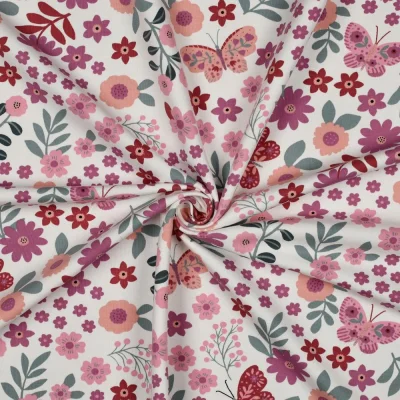 Tissu Sweat léger envers gratté Fleurs et papillon sur fond Blanc cassé - Par 10 cm