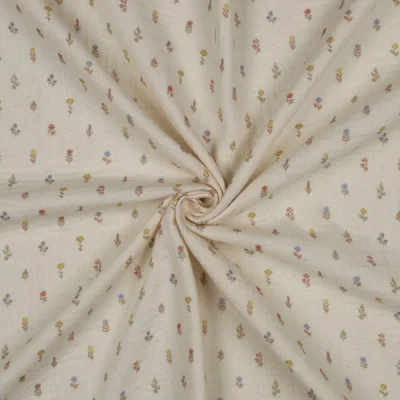 Tissu Double gaze de Coton Bio Nadia petites fleurs multicolore sur fond Naturel - Par 10 cm