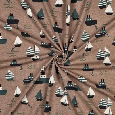 Tissu Jersey Coton mélangé Nolan petits bateaux sur fond Taupe chiné - Par 10 cm