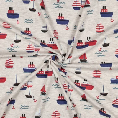 Tissu Jersey Coton mélangé Nolan petits bateaux sur fond Gris clair - Par 10 cm