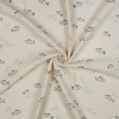 Tissu Double gaze de Coton Bio Elisa petits poissons Bleu sur fond Ecru - Par 10 cm