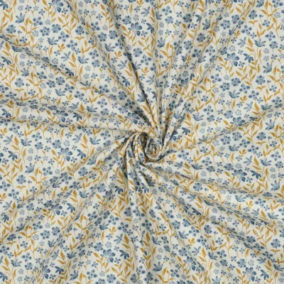 Tissu Popeline de Coton Marie petites fleures Bleu sur fond Blanc cassé - Par 10 cm