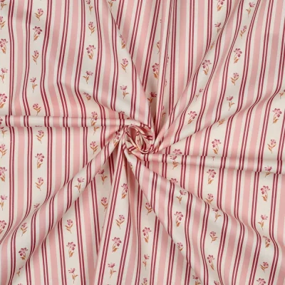 Tissu Popeline de Coton Daphnée rayures fleuries Rose sur fond Blanc cassé - Par 10 cm