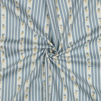Tissu Popeline de Coton Daphnée rayures fleuries Bleu sur fond Blanc cassé - Par 10 cm