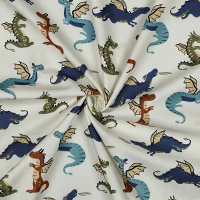 Tissu Popeline de Coton Eliot dragons multicolore sur fond Blanc cassé - Par 10 cm