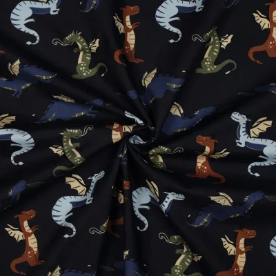 Tissu Popeline de Coton Eliot dragons multicolore sur fond Bleu marine - Par 10 cm