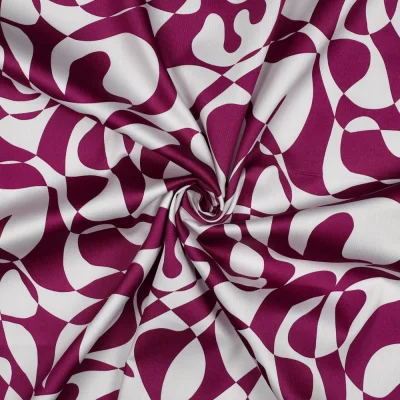 Tissu Coton satiné Iris motif abstrait Violet sur fond Blanc cassé - Par 10 cm
