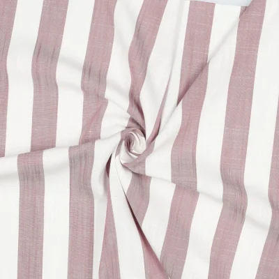 Tissu Viscose aspect Lin fil teint Rayé Rose pale sur fond Blanc - Par 10 cm