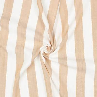 Tissu Viscose aspect Lin fil teint Rayé Beige sur fond Blanc - Par 10 cm