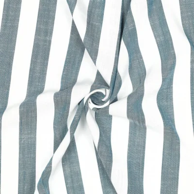 Tissu Viscose aspect Lin fil teint Rayé Bleu pétrole sur fond Blanc - Par 10 cm