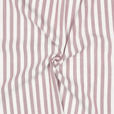 Tissu Viscose aspect Lin fil teint Petites rayures Rose pale sur fond Blanc - Par 10 cm
