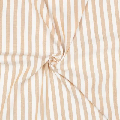 Tissu Viscose aspect Lin fil teint Petites rayures Beige sur fond Blanc - Par 10 cm
