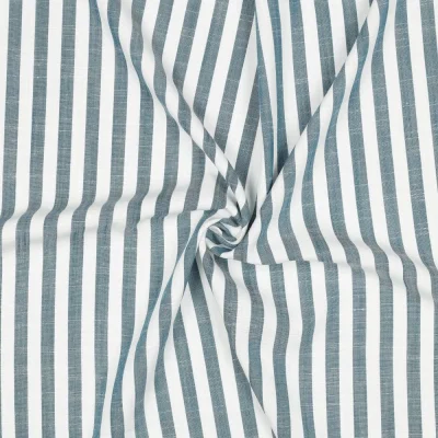 Tissu Viscose aspect Lin fil teint Petites rayures Bleu pétrole sur fond Blanc - Par 10 cm