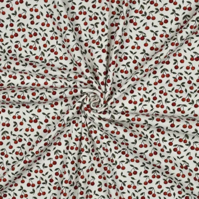 Tissu Jersey Bord Côte Digital Ambre petites cerises Rouges sur fond Blanc cassé - Par 10 cm