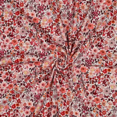 Tissu Jersey Bord Côte Digital Léonie fleurs sauvages ton Pêche sur fond Blanc cassé - Par 10 cm