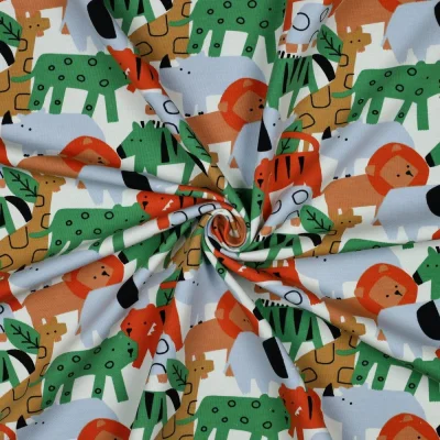 Tissu Sweat léger envers gratté Noé animaux savane sur fond Blanc - Par 10 cm