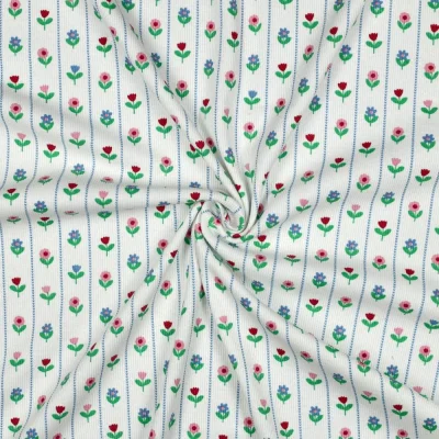 Tissu Jersey Coton imprimé Rayures fleuris Melodie vert sur fond Blanc - Par 10 cm