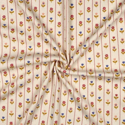 Tissu Jersey Coton imprimé Rayures vichy fleuris ocre sur fond Ecru - Par 10 cm