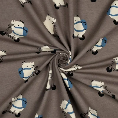 Tissu Sweat léger envers molletonné Yanis funny rhino sur fond Taupe - Par 10 cm