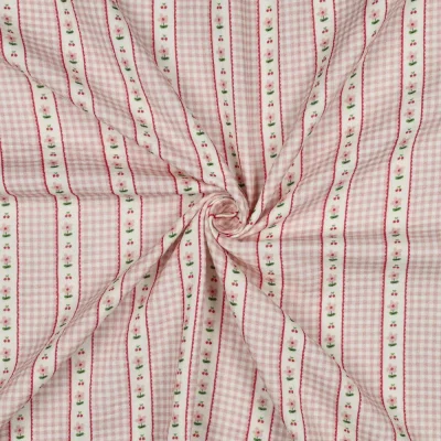 Tissu Coton imprimé Rayures vichy fleuris rose sur fond Blanc - Par 10 cm