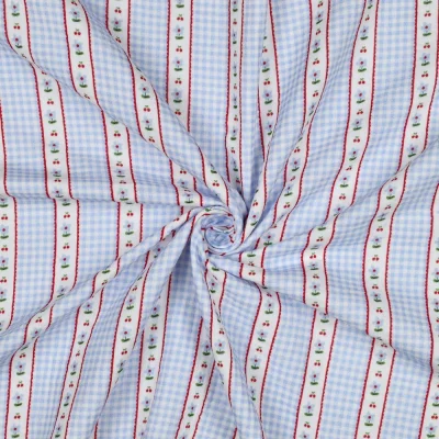 Tissu Coton imprimé Rayures vichy fleuris bleu sur fond Blanc - Par 10 cm