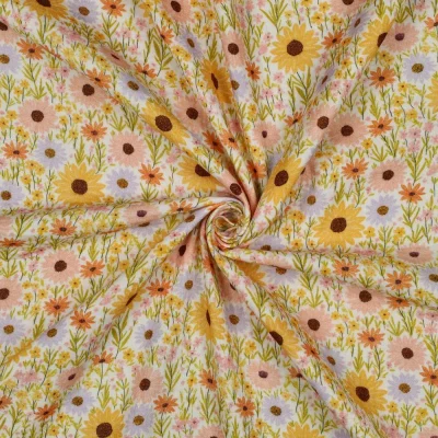 Tissu Double gaze imprimé Yellow champ&#039; sur fond Blanc - Par 10 cm