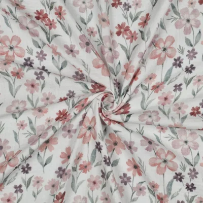 Tissu Double gaze de Coton imprimé Fleurs Mirena sur fond Blanc - Par 10 cm