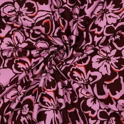 Tissu Viscose EcoVero Fleurs sur fond Bordeaux - Par 10 cm