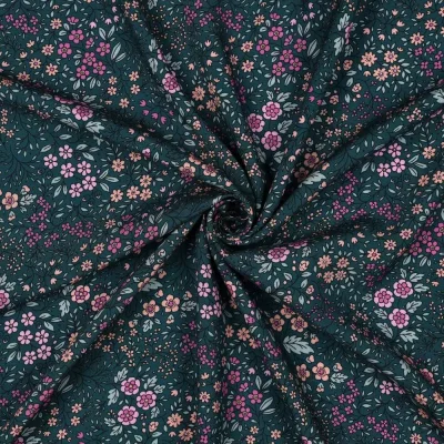 Tissu Viscose Ecovero Fleuris Caméliane sur fond Vert canard - Par 10 cm