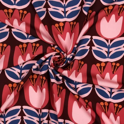 Tissu Viscose EcoVero Tulipes sur fond Bordeaux - Par 10 cm