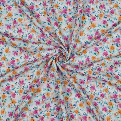 Tissu Viscose Ecovero Fleuris Azélya sur fond Blanc - Par 10 cm