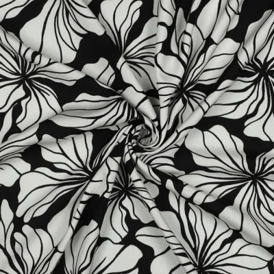Tissu Viscose imprimé Fleurs Méloria blanches sur fond Noir - Par 10 cm