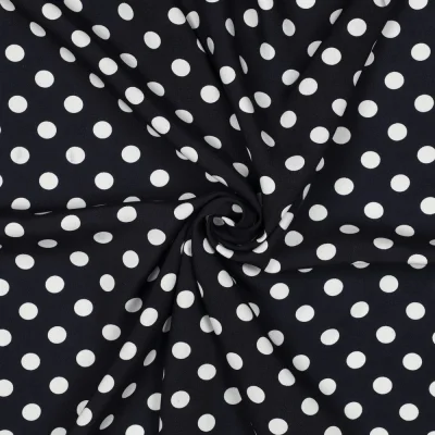 Tissu Viscose imprimé petits pois Blancs sur fond Bleu marine - Par 10 cm