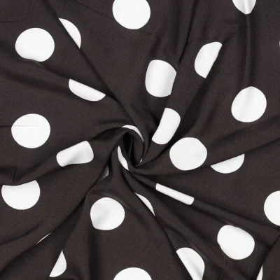 Tissu Viscose imprimé gros pois Blanc sur fond Marron chocolat - Par 10 cm