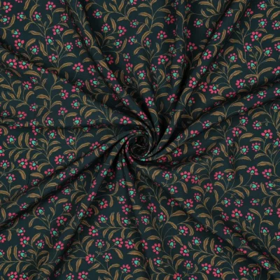 Tissu Viscose imprimé Irina fleurs Bronze et Rose sur fond Vert foncé - Par 10 cm