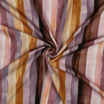 Tissu Viscose imprimé digital Calista rayures tons Lavande sur fond Blanc cassé - Par 10 cm