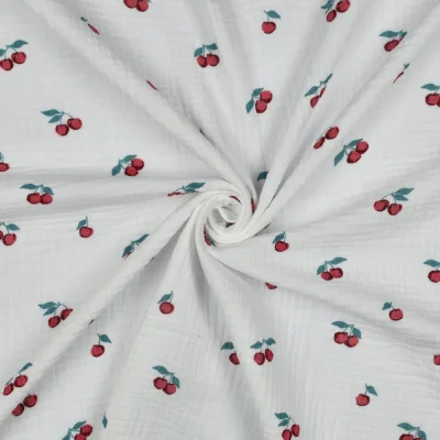 Tissu Double gaze de Coton Bio Capri petites cerises sur fond Blanc cassé - Par 10 cm
