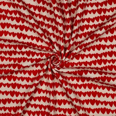 Tissu Jersey cotêlé Bio Poppy petits coeurs Rouge sur fond Naturel - Par 10 cm